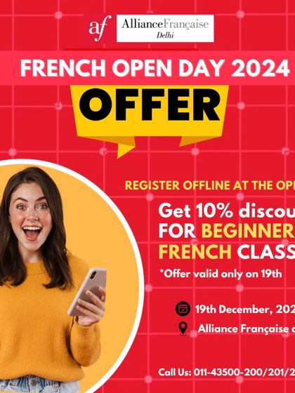 A promotional graphic for our French Open Day, highlighting a 10% discount for beginners. We provide special offers to encourage new students to join our community.