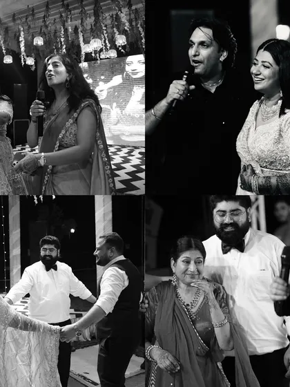 A black and white collage of candid moments from a Sangeet night, including family speeches and dancing.