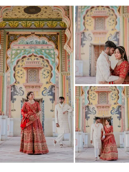 A collage of Shailesh and Rachita at Patrika Gate, their red and cream outfits standing out against the vibrant painted walls.