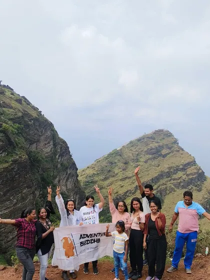 The group at Ettina Bhuja peak in Chikmagalur, with its distinctive ox-hump shape. A rewarding trek with stunning views.