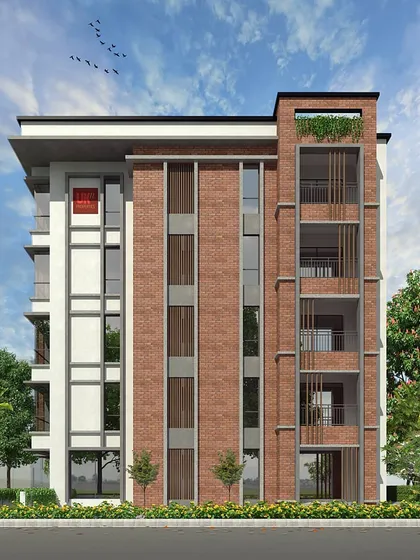 This elevation render for the Miraya Brunton Apartments shows the interplay between brick, white plaster, and large glass windows.