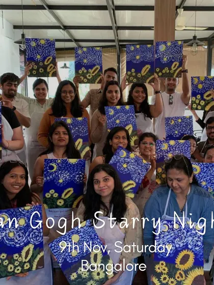 Our Van Gogh Starry Night workshop is a total classic for a reason. Look at this amazing group and their incredible paintings. Everyone brings their own unique style, and we love seeing all the different interpretations.