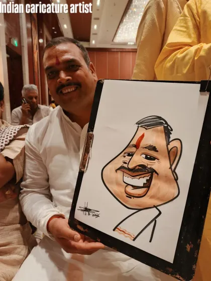 A happy guest at a wedding function. The red bindi is a small but important detail that personalizes the drawing.