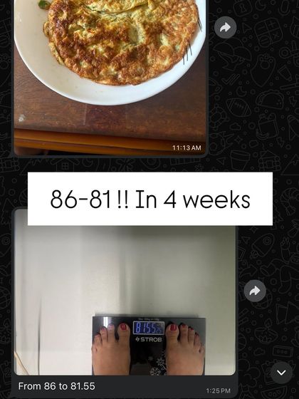 From 86 kg to 81.5 kg in 4 weeks. This client achieved a 5 kg loss by following her personalized meal plan, which included delicious omelettes.