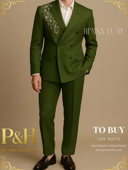 This angle demonstrates the sharp lines of the double-breasted jacket.