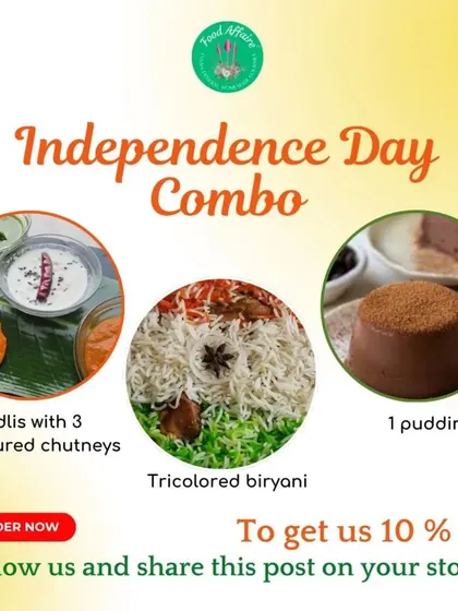 Our Independence Day combo features a tricolored meal with 4 idlis and 3 chutneys, tricolored biryani, and a pudding. It's a festive and patriotic meal to share with your family.