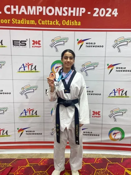 Aalya Gupta with her bronze medal from the Junior National Taekwondo Championship 2024 in Cuttack, Odisha. Competing and winning at the national level is our ultimate goal.