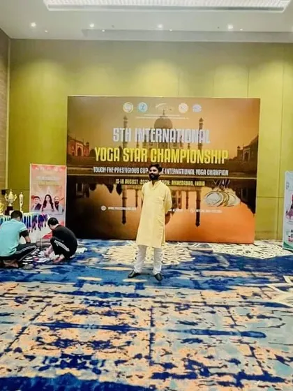 A wide shot of the event hall before the International Yoga Star Championship begins. A great deal of preparation goes into creating a worthy stage for these talented athletes.