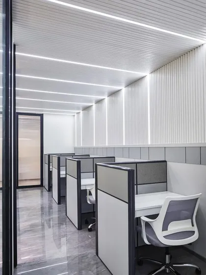 The admin area is designed for focus and efficiency. I used modular cubicles to create individual workspaces, with clean lines and a neutral color scheme to foster a calm and productive atmosphere.