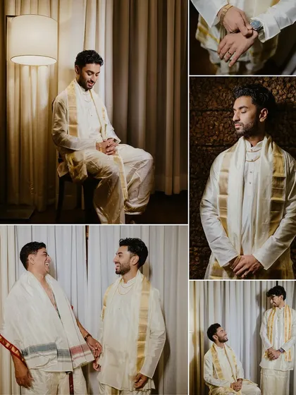 A series of portraits of the groom in a traditional South Indian white and gold outfit, capturing his calm and composed moments before the wedding.