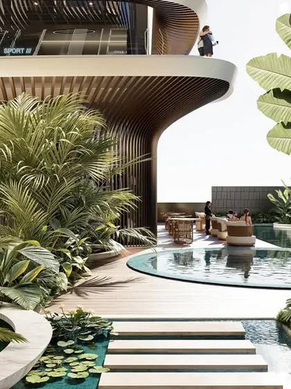 A render of a multi-level clubhouse in Mumbai, where parametric design meets biophilic landscape. The structure is seamlessly integrated with lush greenery and water features.