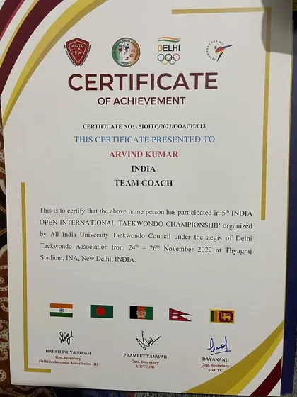 My certificate of achievement for being the Indian Team Coach at the 5th India Open International Taekwondo Championship.