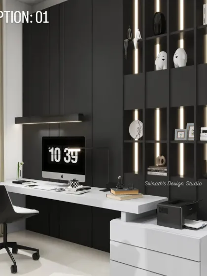 A study unit design presented in a bold, black-and-white color scheme, offering a modern and high-contrast option for a home office.