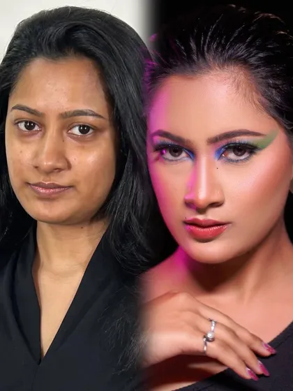 A bold, creative editorial look. This before-and-after shows the power of makeup to transform, using graphic liner and color to create a high-fashion statement.