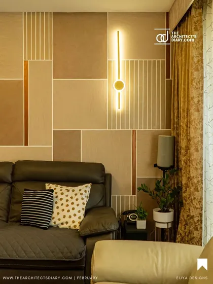 Inspired by Korean minimalism, this living and dining area uses a calm, neutral palette with clean lines and geometric patterns on the wall. The focus is on creating a serene and uncluttered environment with sophisticated lighting.