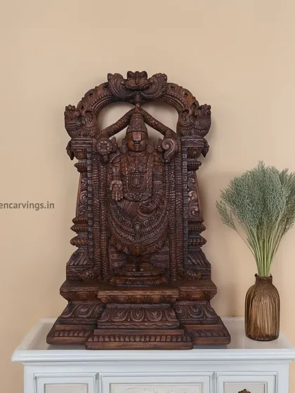 Our large Lord Balaji statue, shown here as a finished piece ready for a client's home. Placed on a console, it demonstrates how our sculptures can become the focal point of a devotional or decorative space.