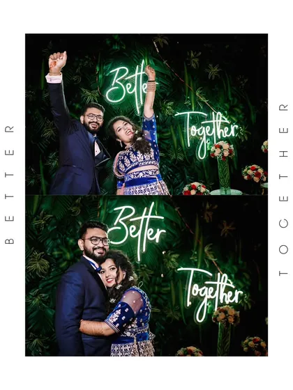 The celebration doesn't end with the ceremony. This fun, energetic shot from a wedding reception captures the joy and modern vibe of the party, complete with a custom neon sign that says it all: "Better Together".