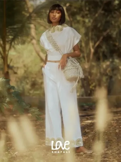 A campaign for the brand Love Shafali, featuring a bohemian-chic aesthetic. I styled this all-white ensemble with handcrafted accessories to create a look that is both earthy and elegant.
