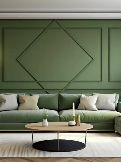An elegant living room featuring a sage green and beige color palette.