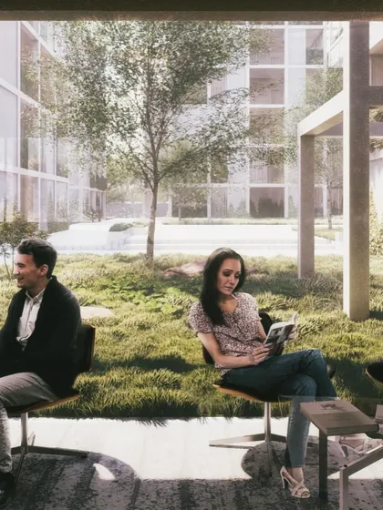 An indoor-outdoor living space in Pixel Housing, where residents can relax and connect with nature.