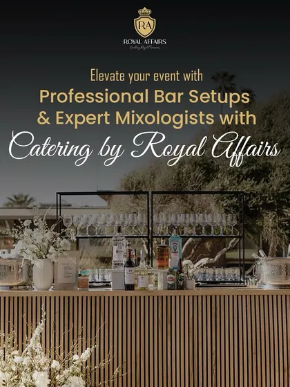 I can create an elegant and professional bar setup for your event. This stylish outdoor bar is fully stocked and managed by my expert staff, ready to serve a range of refreshing mocktails and beverages that perfectly match your event's theme.