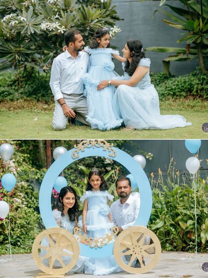 Creating picture-perfect moments for the family. The top photo shows a candid moment on the lawn, while the bottom features the family posing inside our custom-made carriage photo frame.