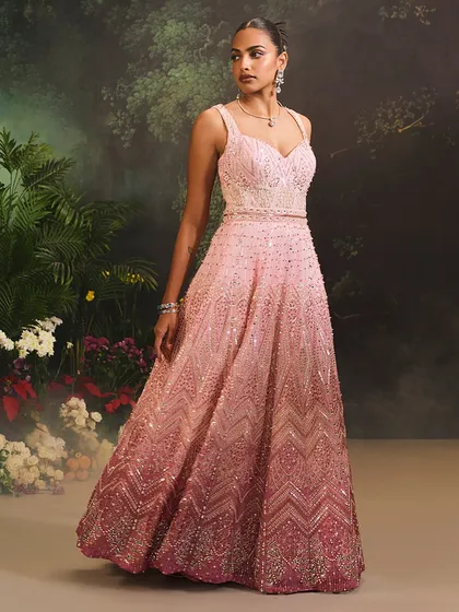A full-length view of the Celine Gown, highlighting its flattering A-line silhouette and sparkling texture.