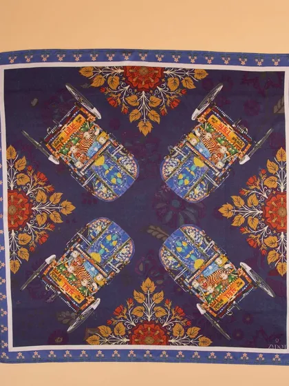 A perfectly flat and symmetrical shot of the auto-rickshaw print pocket square, ideal for catalog viewing.