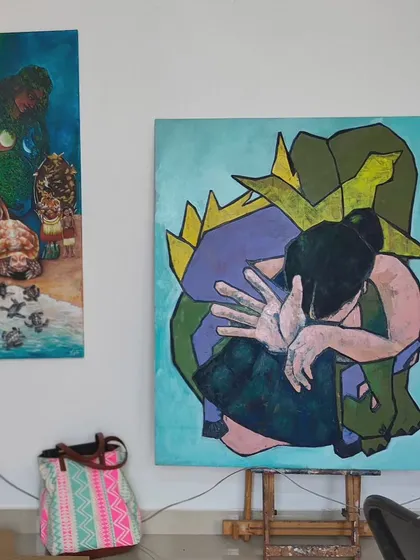 The painting "I am that Horse, Elephant and the Peacock" in my studio. It's a deeply personal work about my own spiritual journey and understanding of the universe.