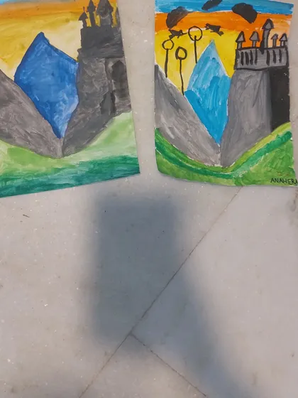 A close-up of the magical Hogwarts castle paintings created during our Harry Potter workshop.