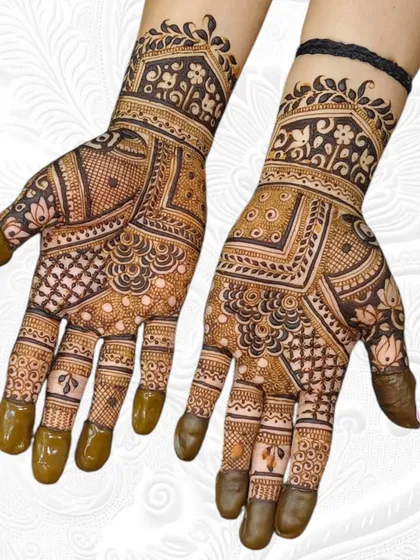 An intricate and dense Rajasthani-style mehendi perfect for Teej, with geometric patterns and fine line work.