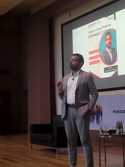 Our Partner, Saurabh Bindal, is captured here delivering a presentation at Mahindra University's School of Law. This image reflects our commitment to mentoring the next generation of legal professionals by sharing practical insights from our extensive experience in the field.