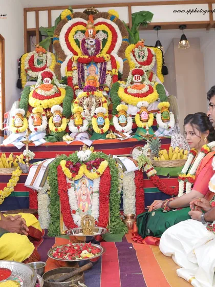 We have extensive experience covering important cultural ceremonies. This image from a Griha Pravesh (housewarming) pooja captures the solemnity and tradition of the event with respect and precision.
