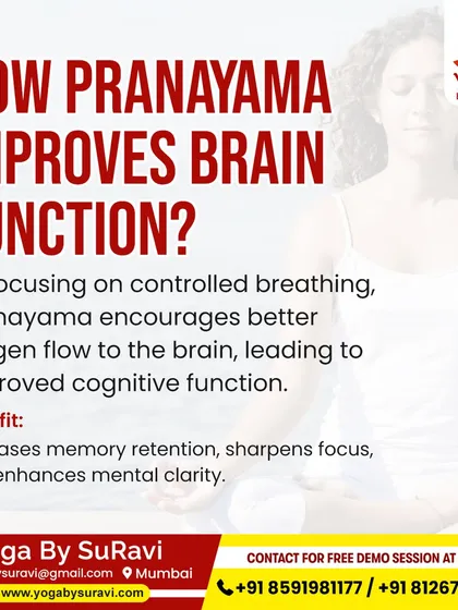 This infographic explains how pranayama improves brain function by increasing oxygen flow, which helps sharpen focus and enhance memory retention.