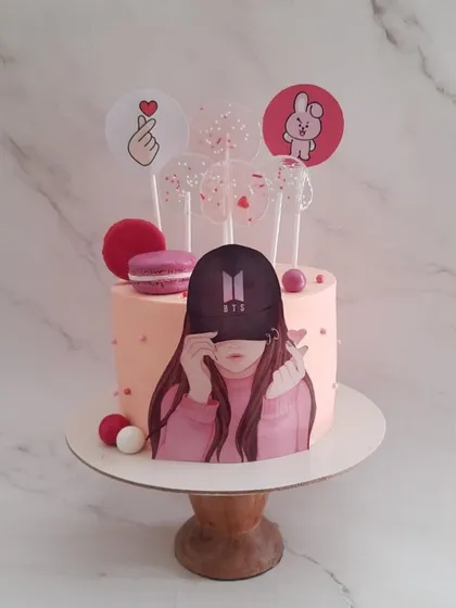 We can even arrange for cakes based on the latest trends. This custom cake was designed for a BTS fan, complete with themed toppers. Just give us your idea, and we will find a way to make it happen for your celebration.