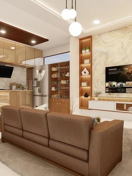 Another angle of the open-concept living and kitchen space, showing how the different zones are defined by flooring and furniture while maintaining a connected feel.