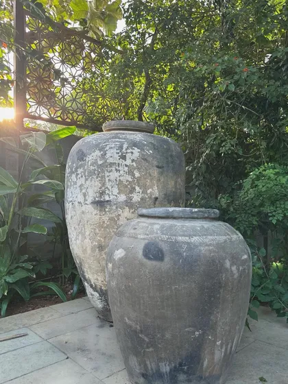 Another shot of the vintage planters, capturing the beautiful light and shadow on their textured surfaces.