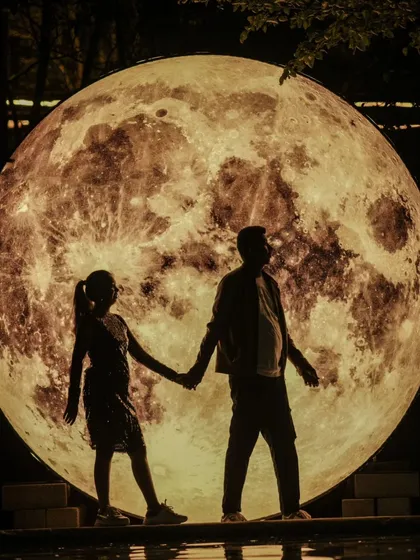 A stunning silhouette of the couple holding hands against our giant illuminated moon prop. This is one of our most requested and artistic shots.