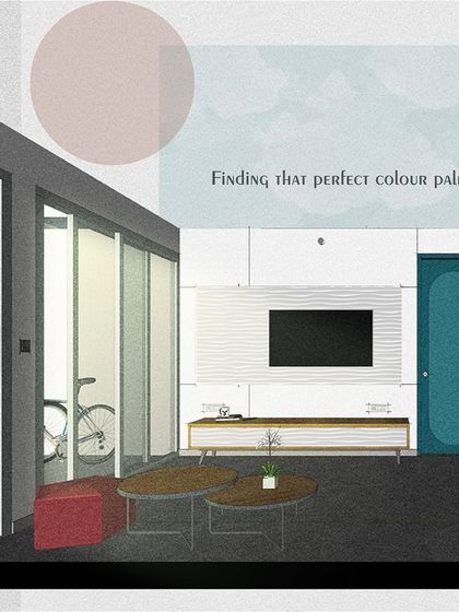 A design illustration showing the color palette selection process for the living room, balancing cool and warm tones.