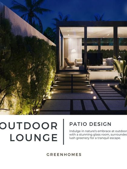 This promotional image for our outdoor patio design shows the tranquil escape created by combining a modern glass room with lush, illuminated greenery at night.
