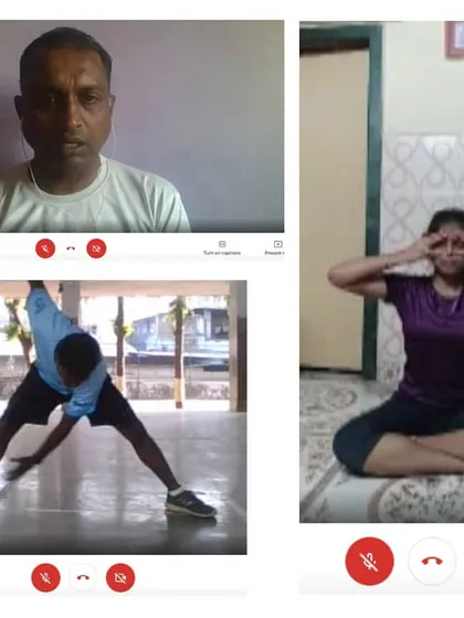 A collage showing our online training sessions in action. We provide guided workouts, yoga, and technique correction to keep our athletes fit and engaged from home.