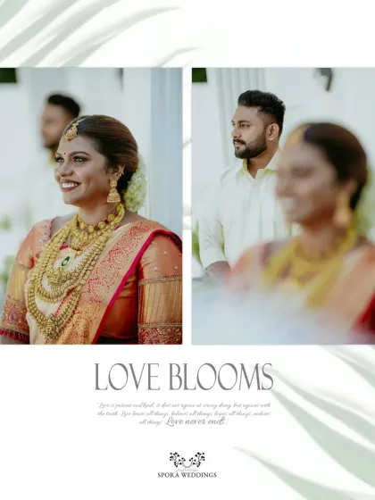 A beautifully designed collage with the words "Love Blooms," capturing the radiant smile of the bride and a soft-focus shot of the couple.