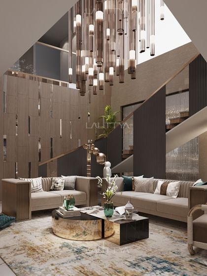 A work-in-progress shot of a double-height family lounge. This 3D render shows our vision for the space, from the dramatic chandelier drop to the layered staircase detail, before it becomes a reality.