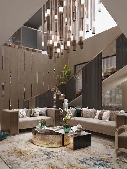 A design visualization for a double-height family lounge, showcasing a dramatic chandelier that descends into the space. The staircase is treated as a feature element, with a decorative screen that adds texture and visual interest.