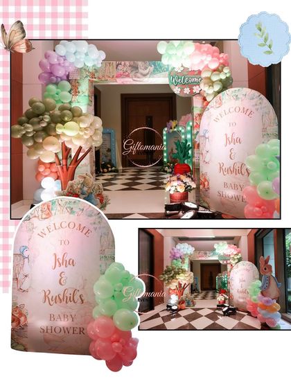 The welcome area for Isha and Rushil's Peter Rabbit baby shower. An arched welcome sign and a balloon tree create a beautiful entrance for guests.