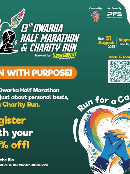 A poster for the Dwarka Half Marathon highlighting its dual purpose as a charity run, encouraging participants to make their miles matter.