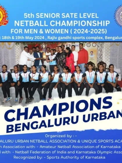 A duplicate graphic announcing the champions, Bengaluru Urban, at the state-level netball championship.
