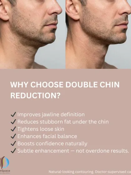 Choosing to treat a double chin is about more than just aesthetics. Our non-surgical reduction treatments improve jawline definition, tighten loose skin, and reduce stubborn fat under the chin. This enhances overall facial balance and provides a subtle, natural boost to your confidence.