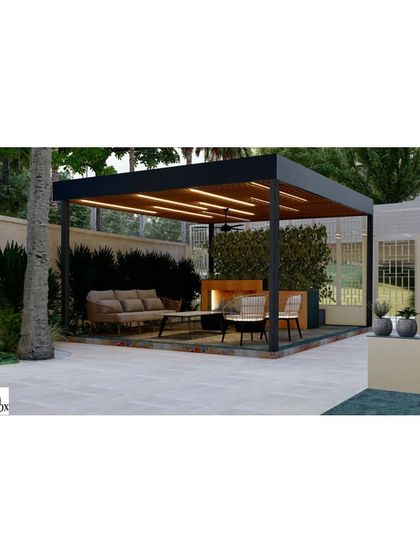 This render focuses on the proposed pergola and seating area for a backyard. It details the modern furniture, integrated lighting, and surrounding greenery, ensuring every element aligns with the client's desire for comfort and style.