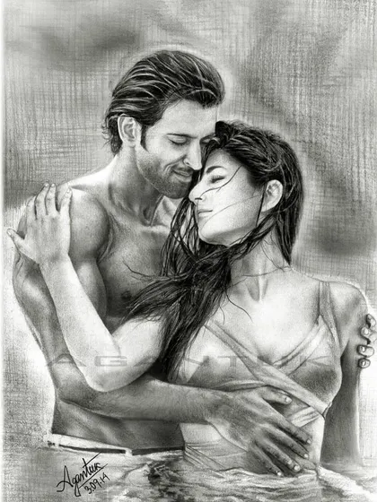 This is an older graphite pencil drawing I did, inspired by the movie 'Bang Bang'. It features Hrithik Roshan and Katrina Kaif and took me around 45 hours to complete using traditional tools like pencils and blending stumps.